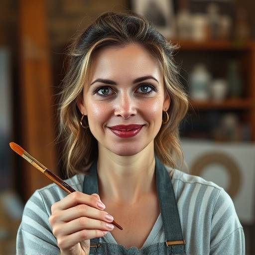 Headshot van een schilder, Simone van Dijk, met een penseel in de hand, inspirerende omgeving