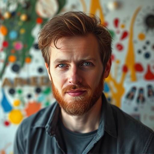 Headshot van kunstenaar, Johan Smit, met verfspatten op zijn kleding, creatieve omgeving