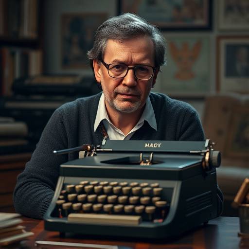 Portret van een toneelschrijver, Thomas de Boer, achter een typemachine, creatieve sfeer