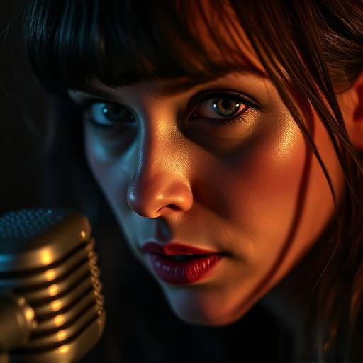 Portret van zangeres Anouk Janssen, close-up met microfoon, intense blik