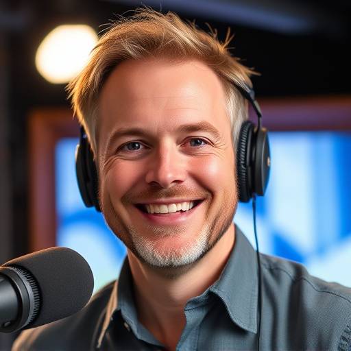 Professionele headshot van radio presentator, Tom Bakker, enthousiaste uitstraling